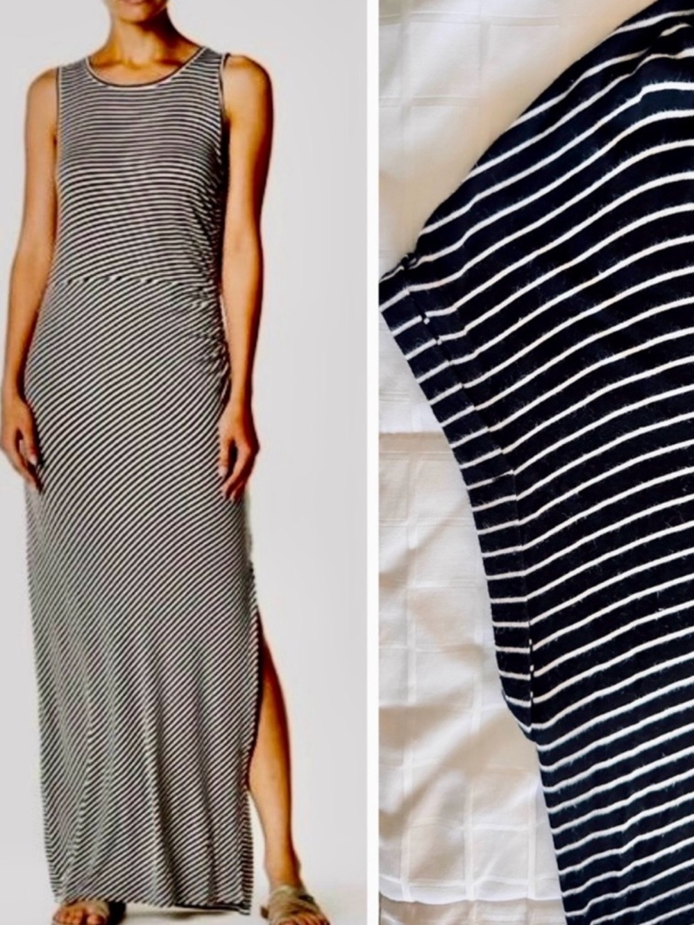 BOBEAU Cap Sleeve V-neck Black & White Striped Maxi Dress w POCKETS & Side Slits